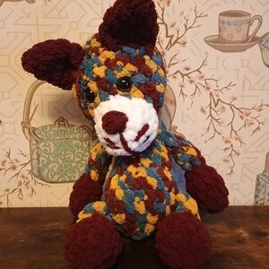 Handmade Stuffed Animal Plushie Crochet Cat Burgundy Mustard Blue 12 In